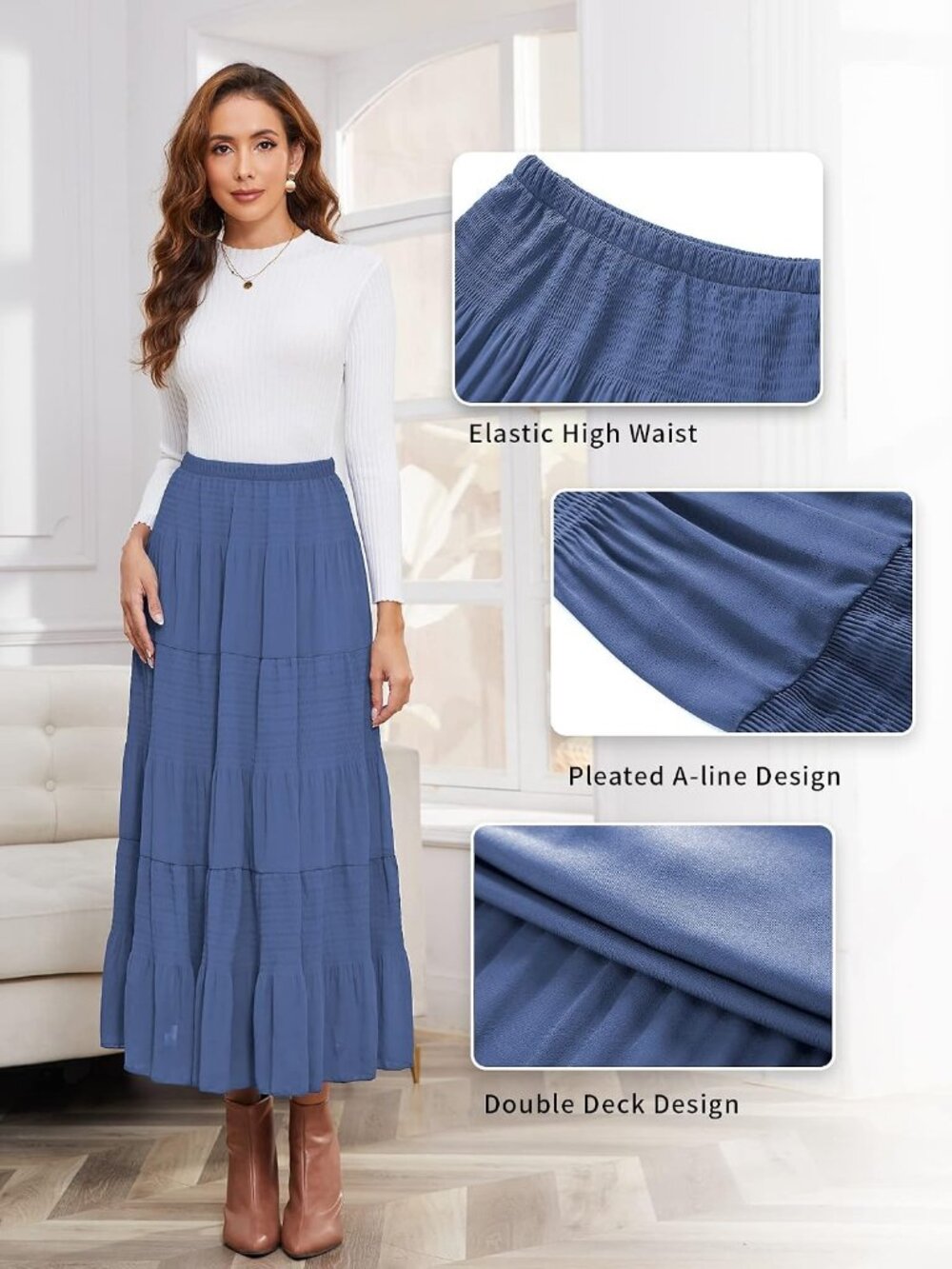 Women's Blue Chiffon Elastic High Waisted Pleated Flared A-Line Long Skirt - Picture 6 of 6